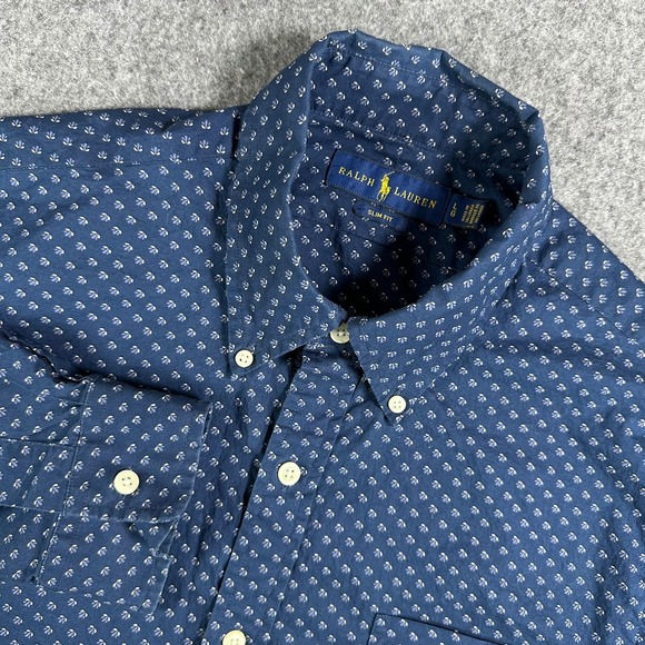 Ralph Lauren Mens Large Button Down Shirt Slim Fit Blue Print - Picture 1 of 7